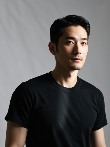 三十岁左右中年男性佩戴自然假发的正面特写，黑色短发造型，温暖光线，专业摄影